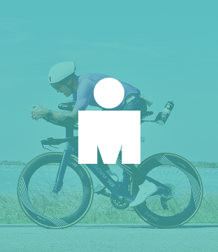 Iron man logo over a teal square and image of Steve racing on a bike