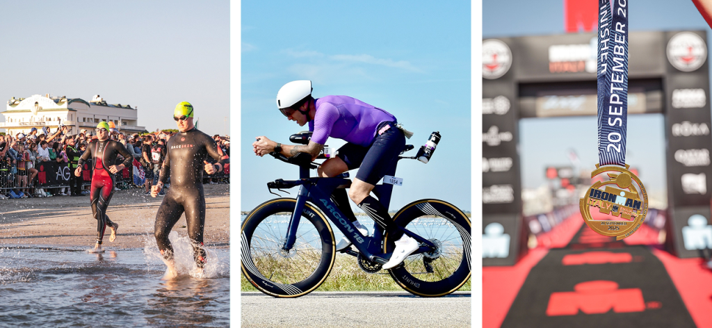 Montage of images of Steve competing in an iron man 
