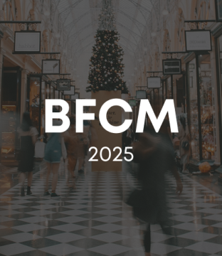 An indoor shopping centre with christmas tree and shoppers with the text BFCM 2025 overlayed