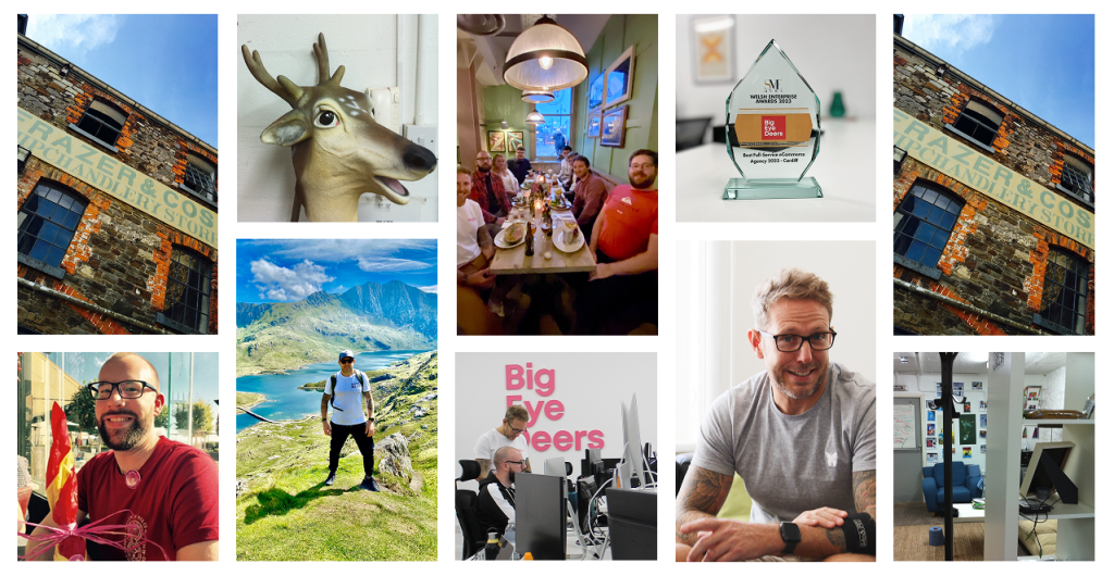 A montage of the team members in different locations around Wales
