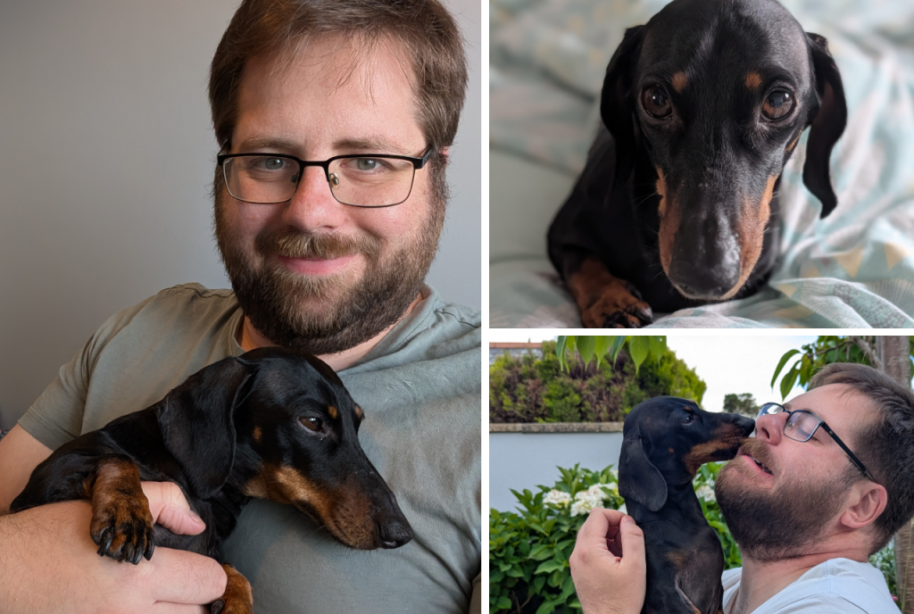a montage of Pete, in a grey tshirt, with his dachshund Ted