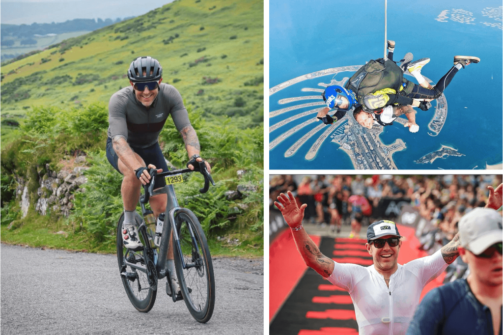 A montage of Steve in lycra completing his triathalon on a bike and crossing the finishing line